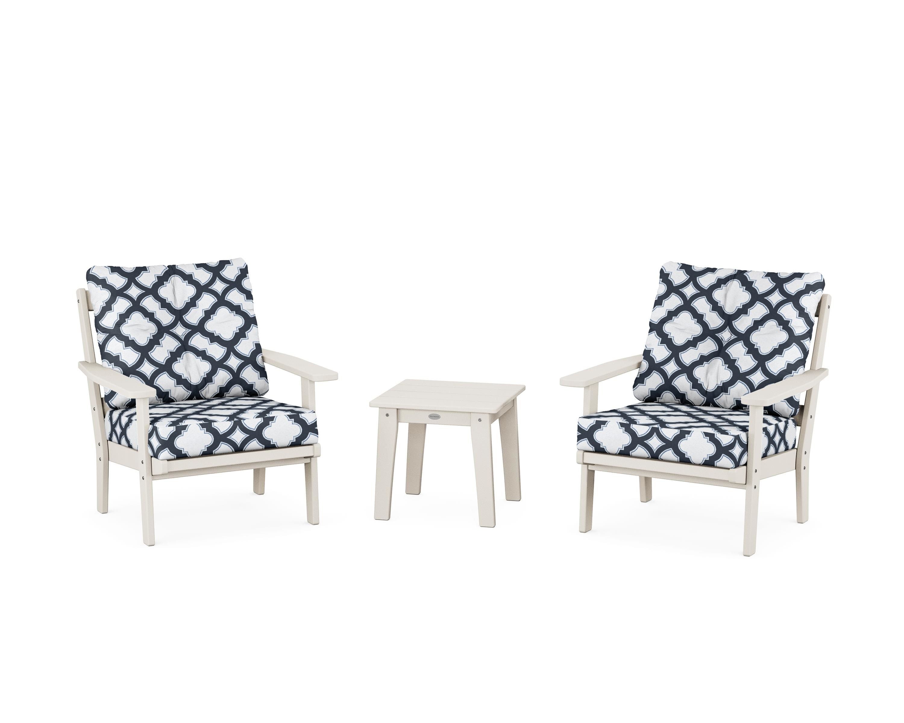 POLYWOOD® Prairie 3-Piece Deep Seating Set in Sand / Trellis Marine Indigo