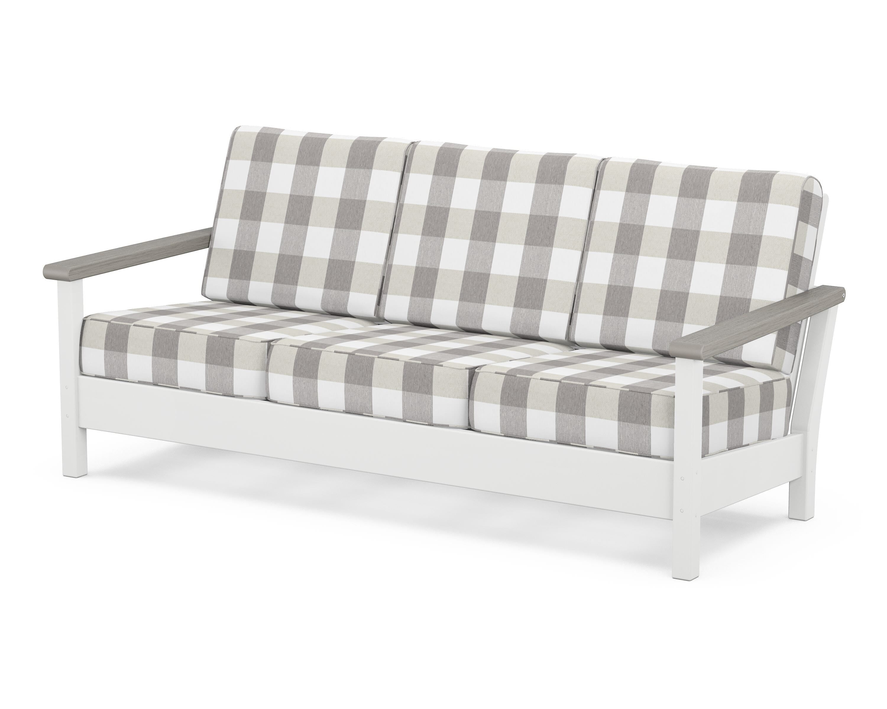POLYWOOD® Harbour Deep Seating Sofa in White / Driftwood / Buffalo Plaid Grey Mist