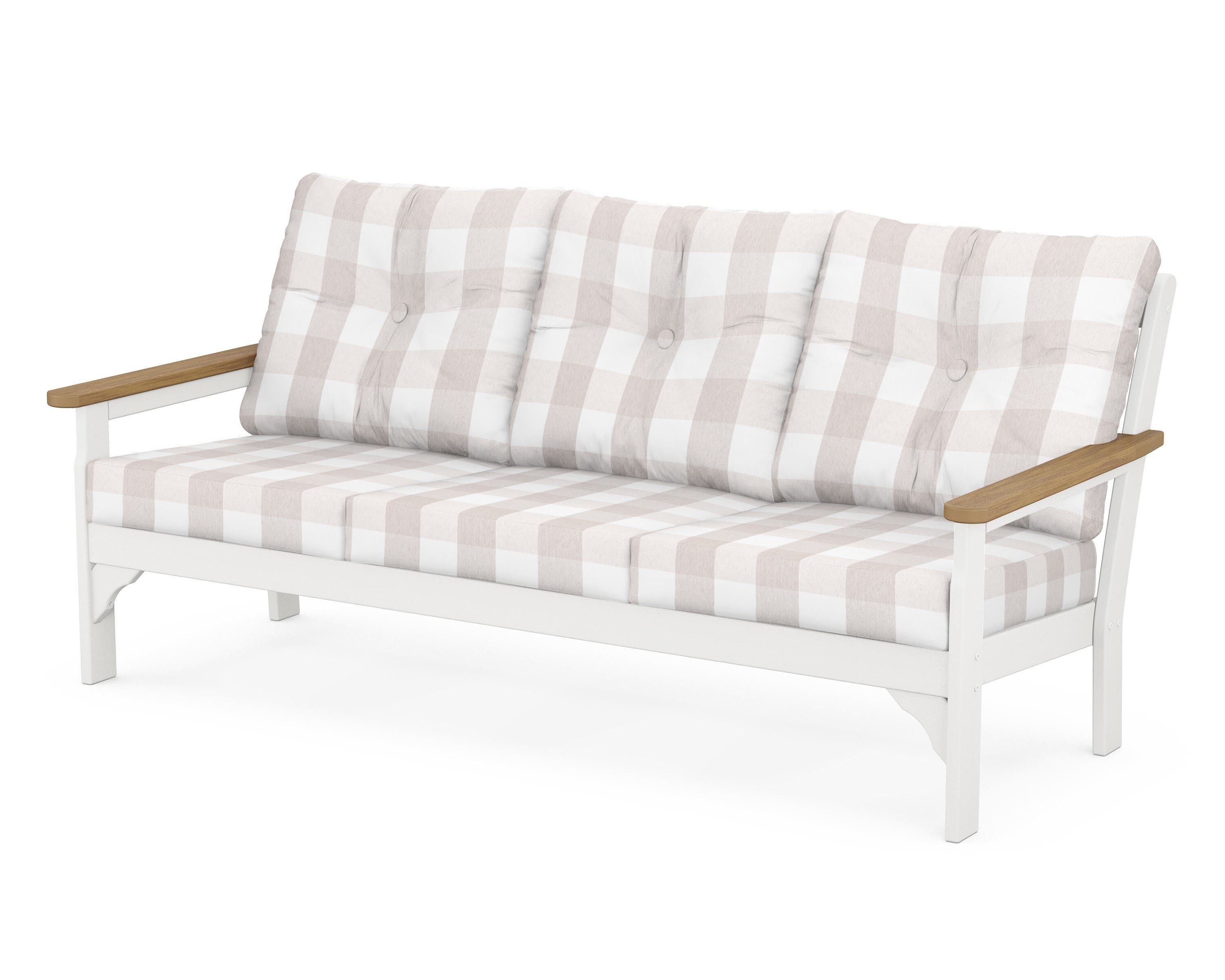 POLYWOOD® Vineyard Deep Seating Sofa in White / Natural / Buffalo Plaid Dune Burlap