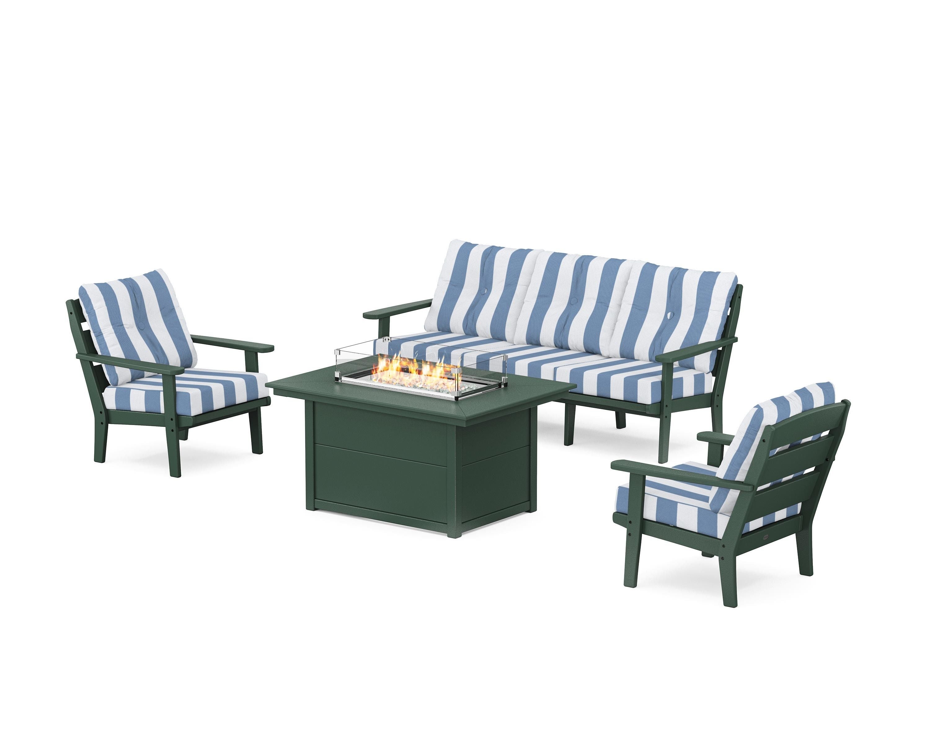 POLYWOOD® Lakeside Deep Seating Fire Pit Table Set in Green / Cabana Stripe Sky Blue