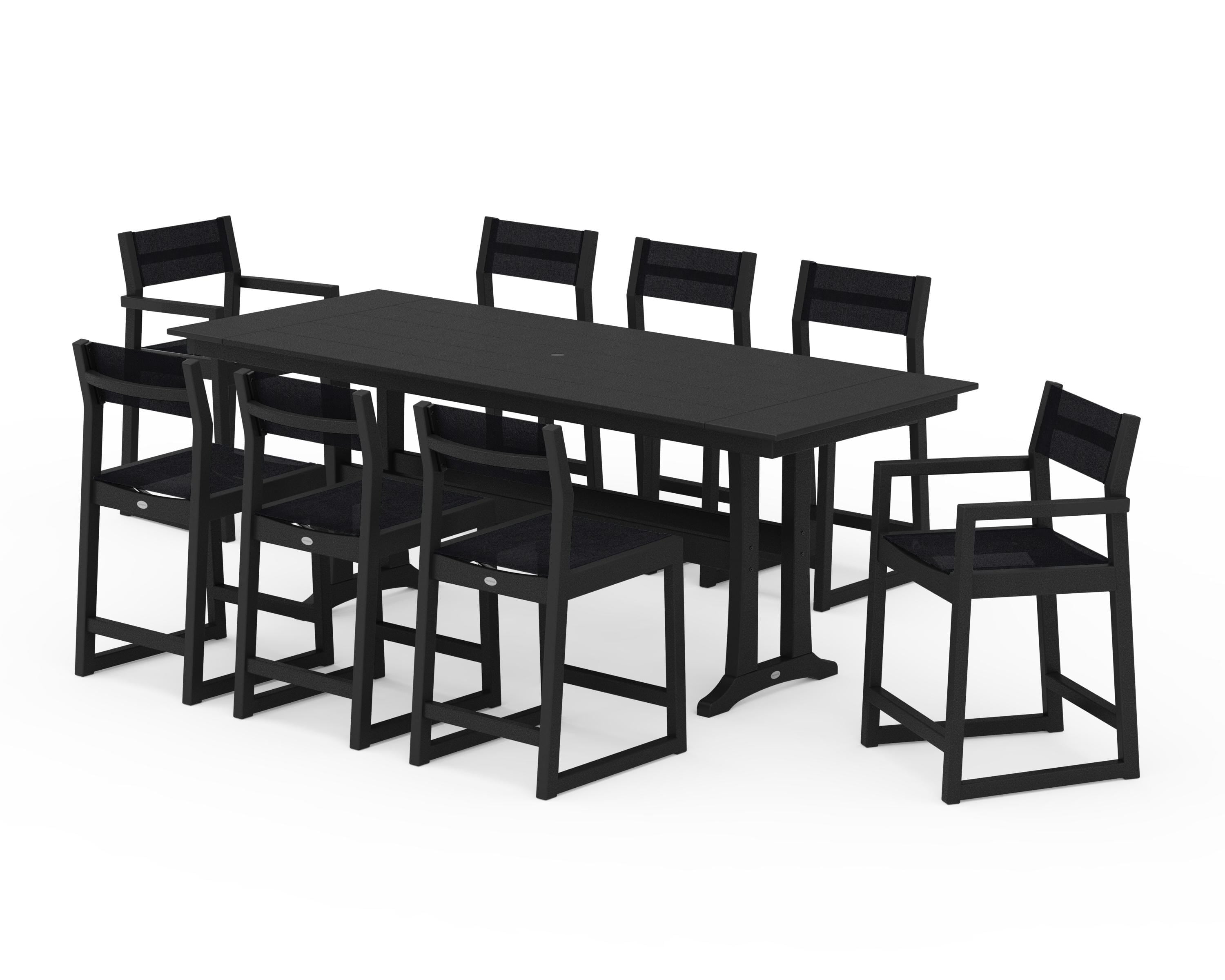POLYWOOD® EDGE Sling 9-Piece Farmhouse Counter Set with Trestle Legs in Black / Black Sling