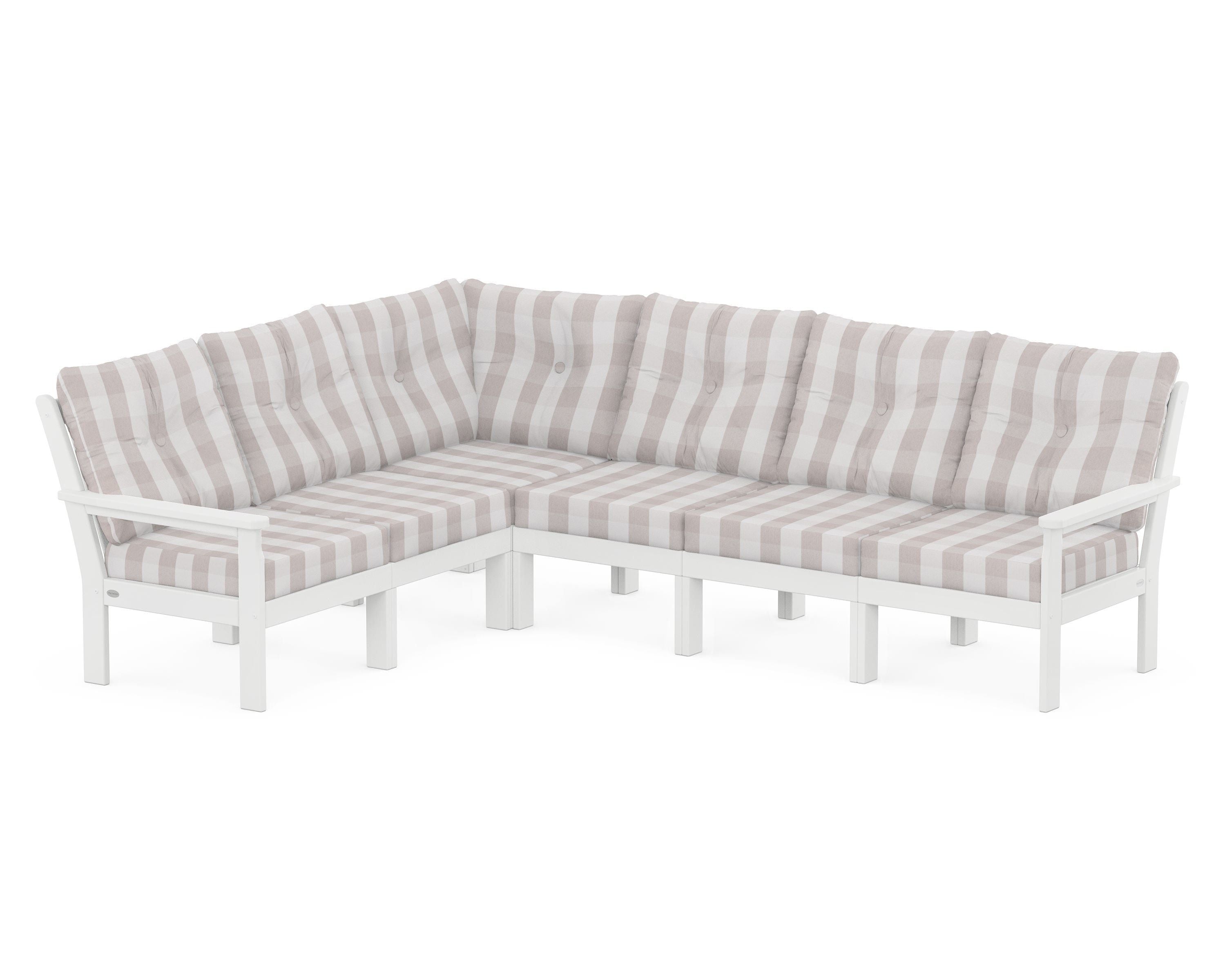 POLYWOOD® Vineyard 6-Piece Sectional in White / Buffalo Plaid Dune Burlap