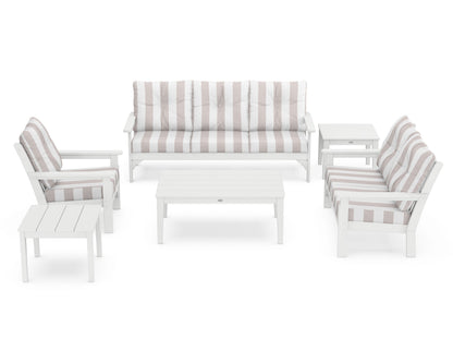 POLYWOOD® Vineyard 6-Piece Deep Seating Set in White / Cabana Stripe Dune Burlap