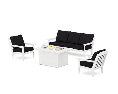 Country Living Cottage Deep Seating Fire Pit Table Set in White / Midnight Linen