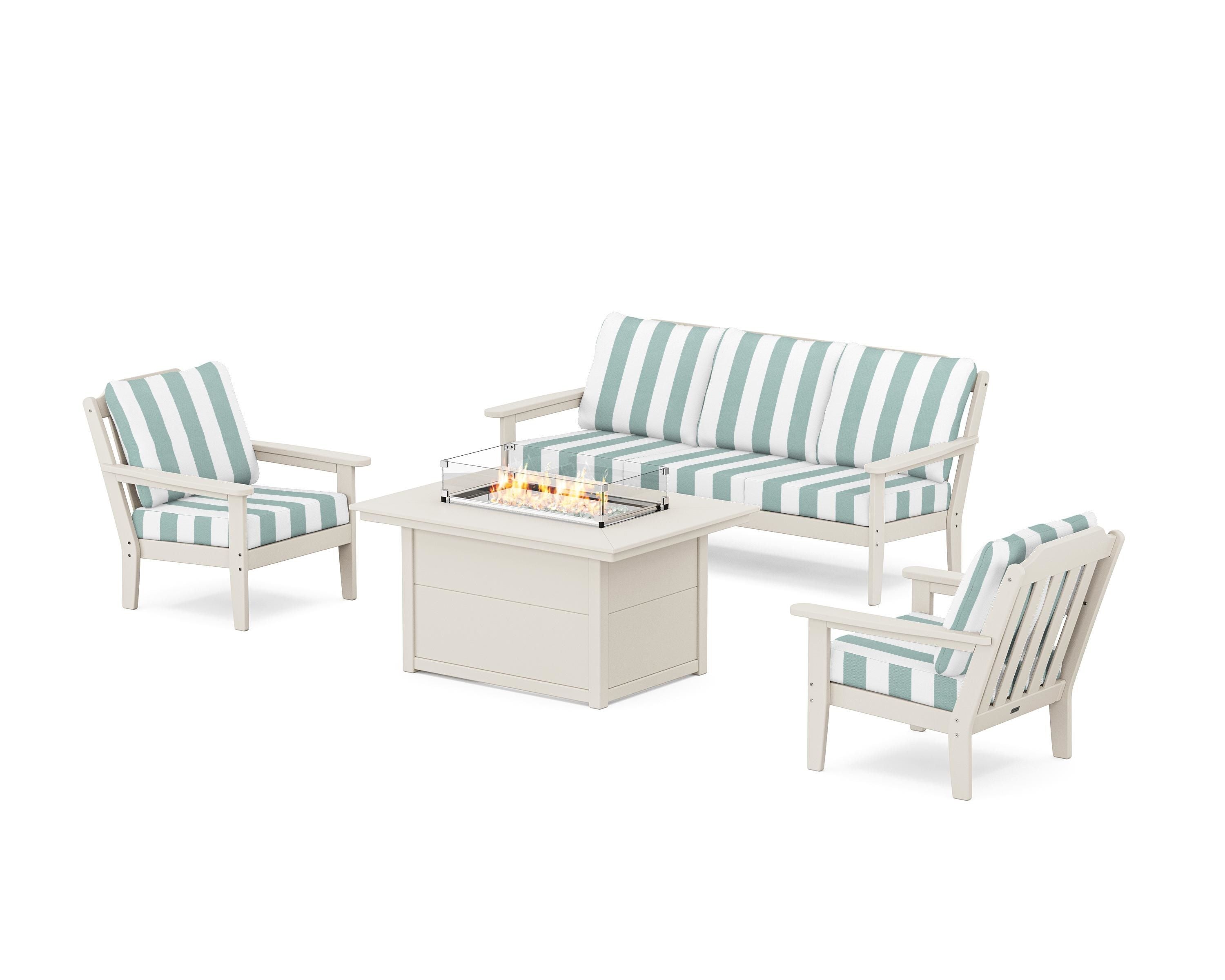 Country Living Cottage Deep Seating Fire Pit Table Set in Sand / Cabana Stripe Glacier Spa