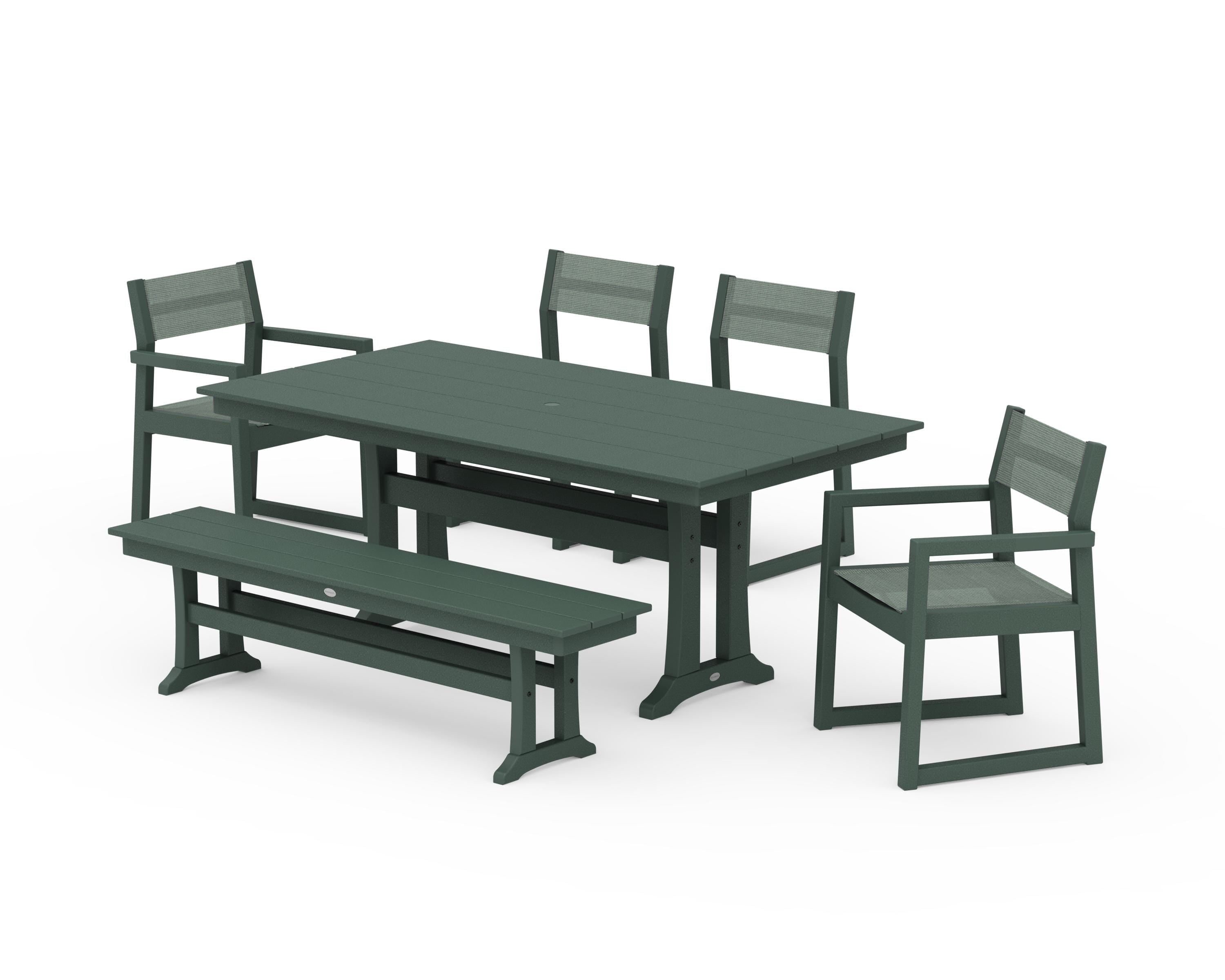 POLYWOOD® EDGE Sling 6-Piece Farmhouse Dining Set With Trestle Legs in Green / Dupioni Sea Mist Sling