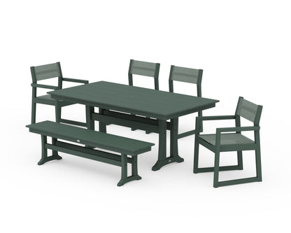 POLYWOOD® EDGE Sling 6-Piece Farmhouse Dining Set With Trestle Legs in Green / Dupioni Sea Mist Sling