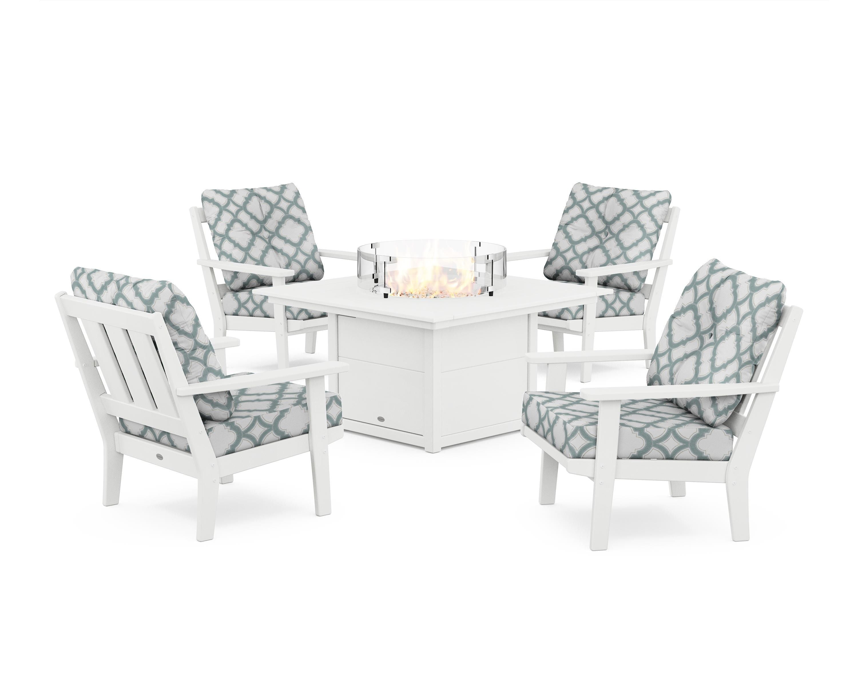 POLYWOOD® Oxford 5-Piece Deep Seating Set with Fire Pit Table in White / Trellis Glacier Spa