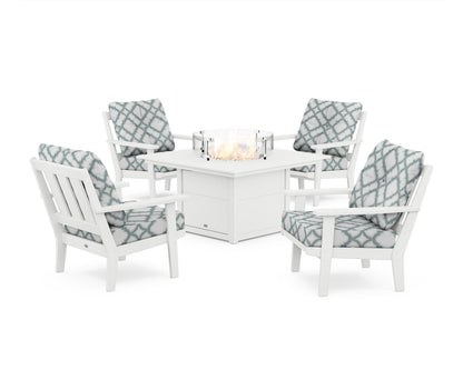 POLYWOOD® Oxford 5-Piece Deep Seating Set with Fire Pit Table in White / Trellis Glacier Spa