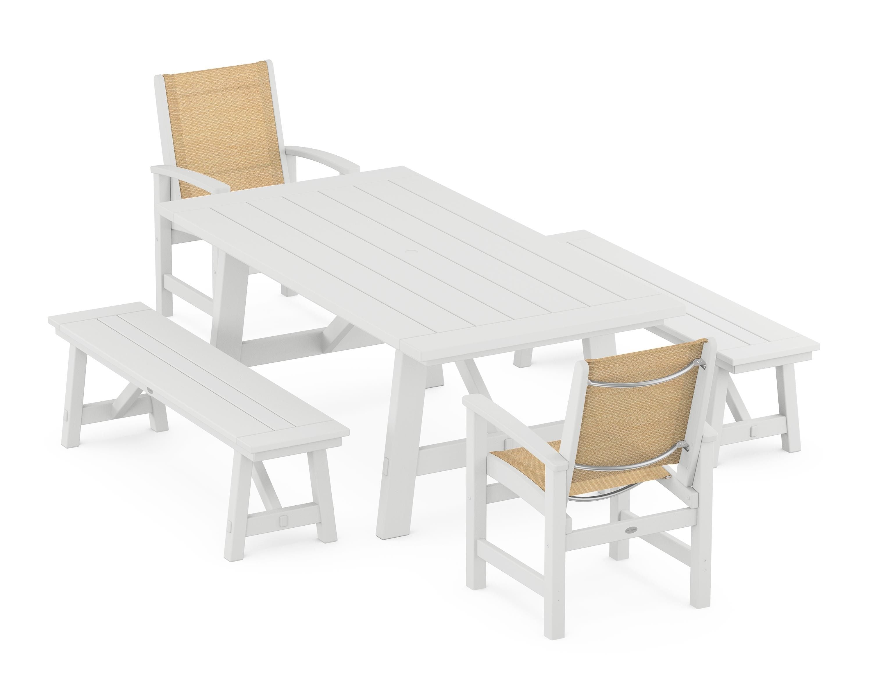 POLYWOOD® Coastal 5-Piece Rustic Farmhouse Dining Set With Benches in White / Dupioni Apricot Sling