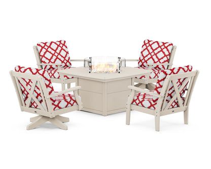 POLYWOOD® Braxton 5-Piece Deep Seating Set with Fire Table in Sand / Trellis Crimson