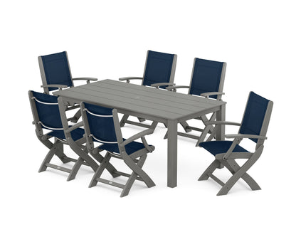 POLYWOOD® Coastal Folding Chair 7-Piece Parsons Dining Set in Slate Grey / Navy Blue Sling