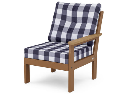 POLYWOOD® Vineyard Modular Right Arm Chair in Teak / Natural / Buffalo Plaid Navy
