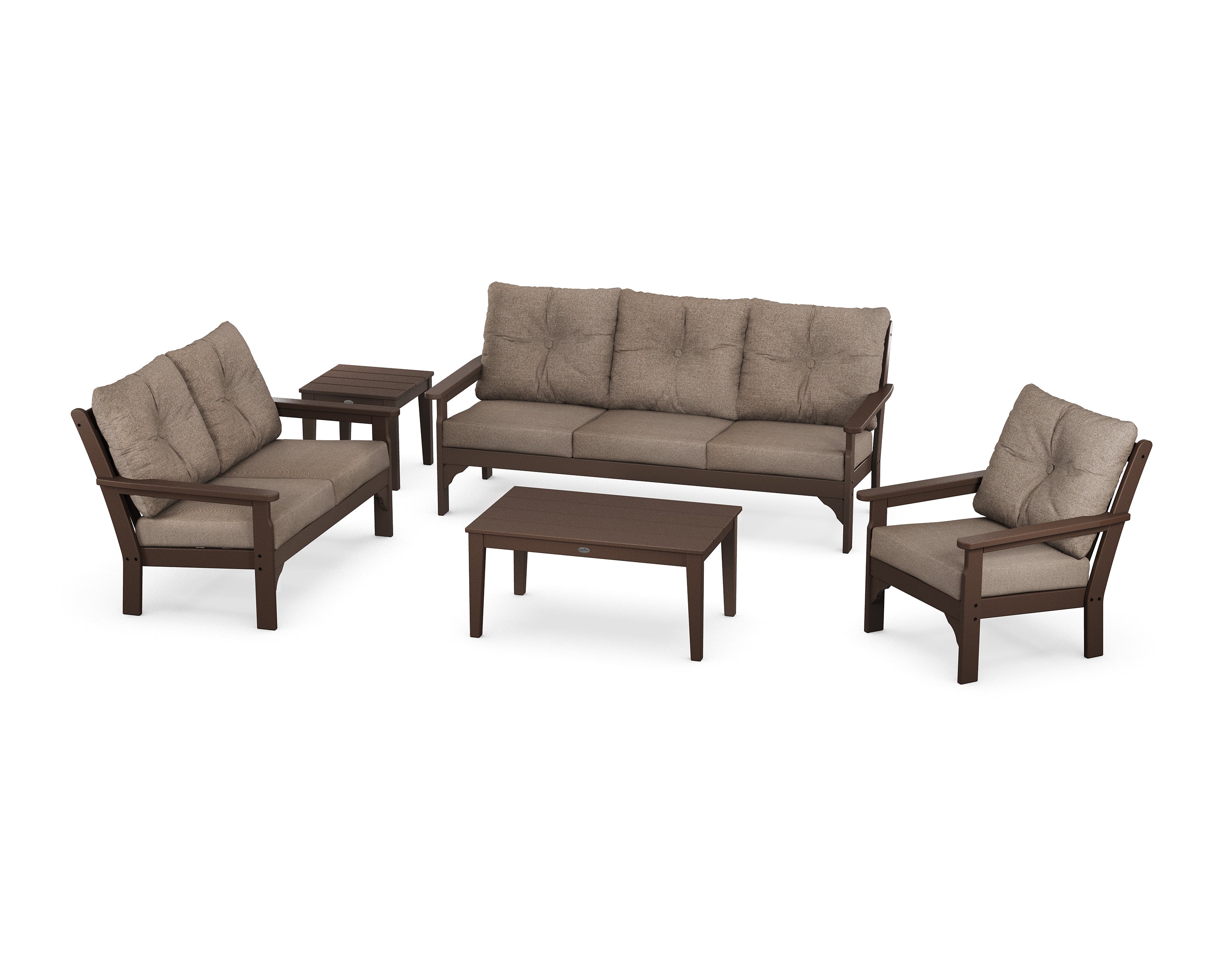 POLYWOOD® Vineyard 5 Piece Deep Seating Set in Mahogany / Spiced Burlap