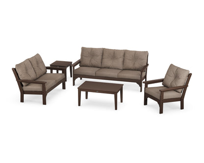 POLYWOOD® Vineyard 5 Piece Deep Seating Set in Mahogany / Spiced Burlap