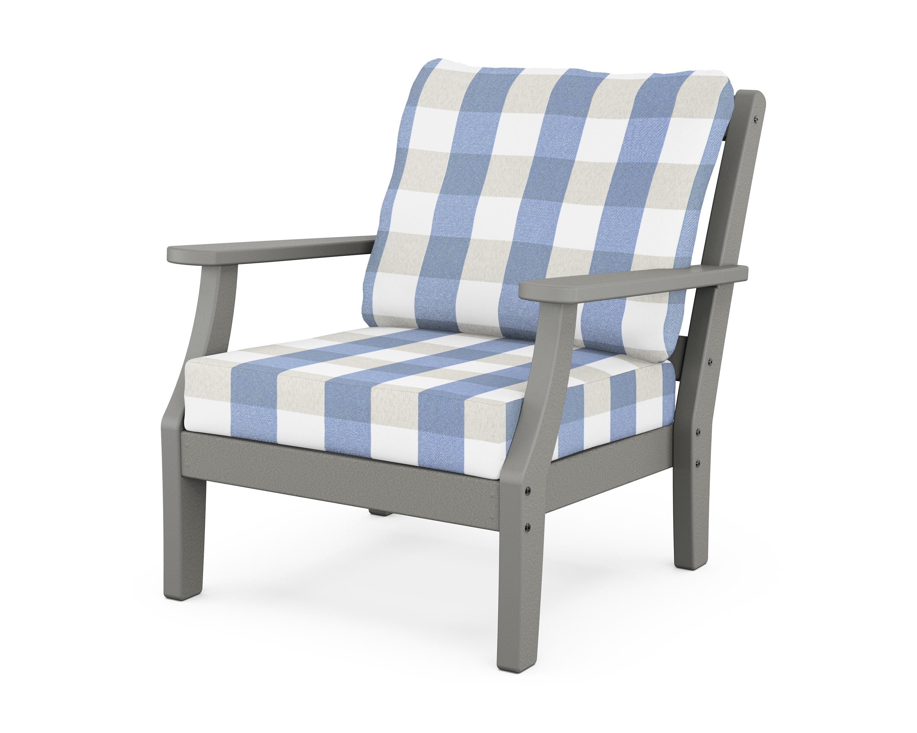 Martha Stewart by POLYWOOD® Chinoiserie Deep Seating Chair in Slate Grey / Buffalo Plaid Sky Blue