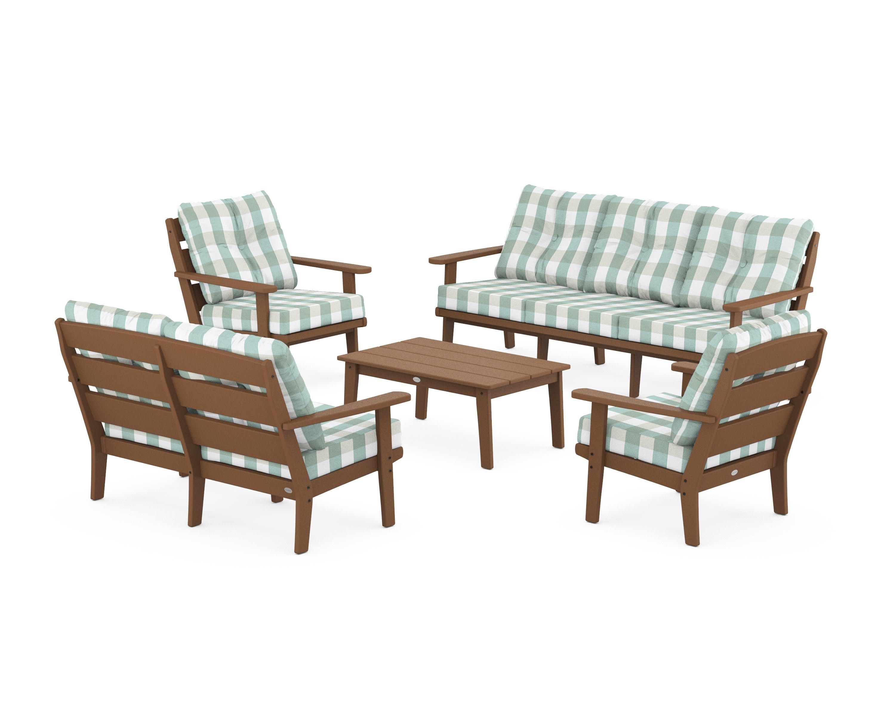 POLYWOOD® Lakeside 5-Piece Lounge Sofa Set in Teak / Buffalo Plaid Glacier Spa
