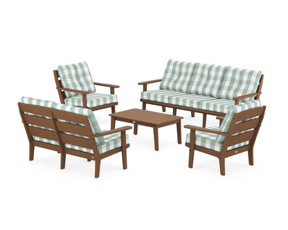 POLYWOOD® Lakeside 5-Piece Lounge Sofa Set in Teak / Buffalo Plaid Glacier Spa