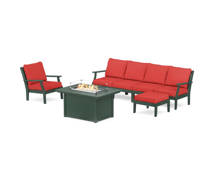 POLYWOOD® Braxton Sectional Lounge and Fire Pit Set in Green / Crimson Linen
