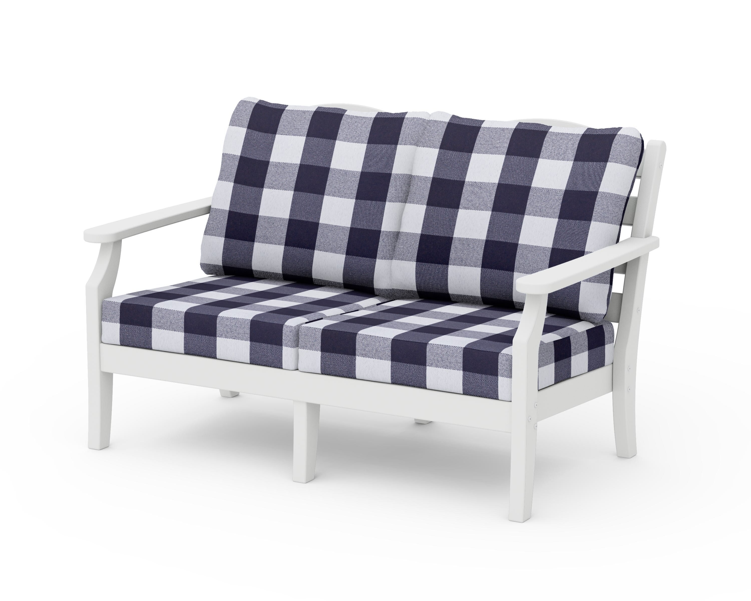 Draper James™ by  POLYWOOD® Savannah Deep Seating Loveseat in White / Buffalo Plaid Navy