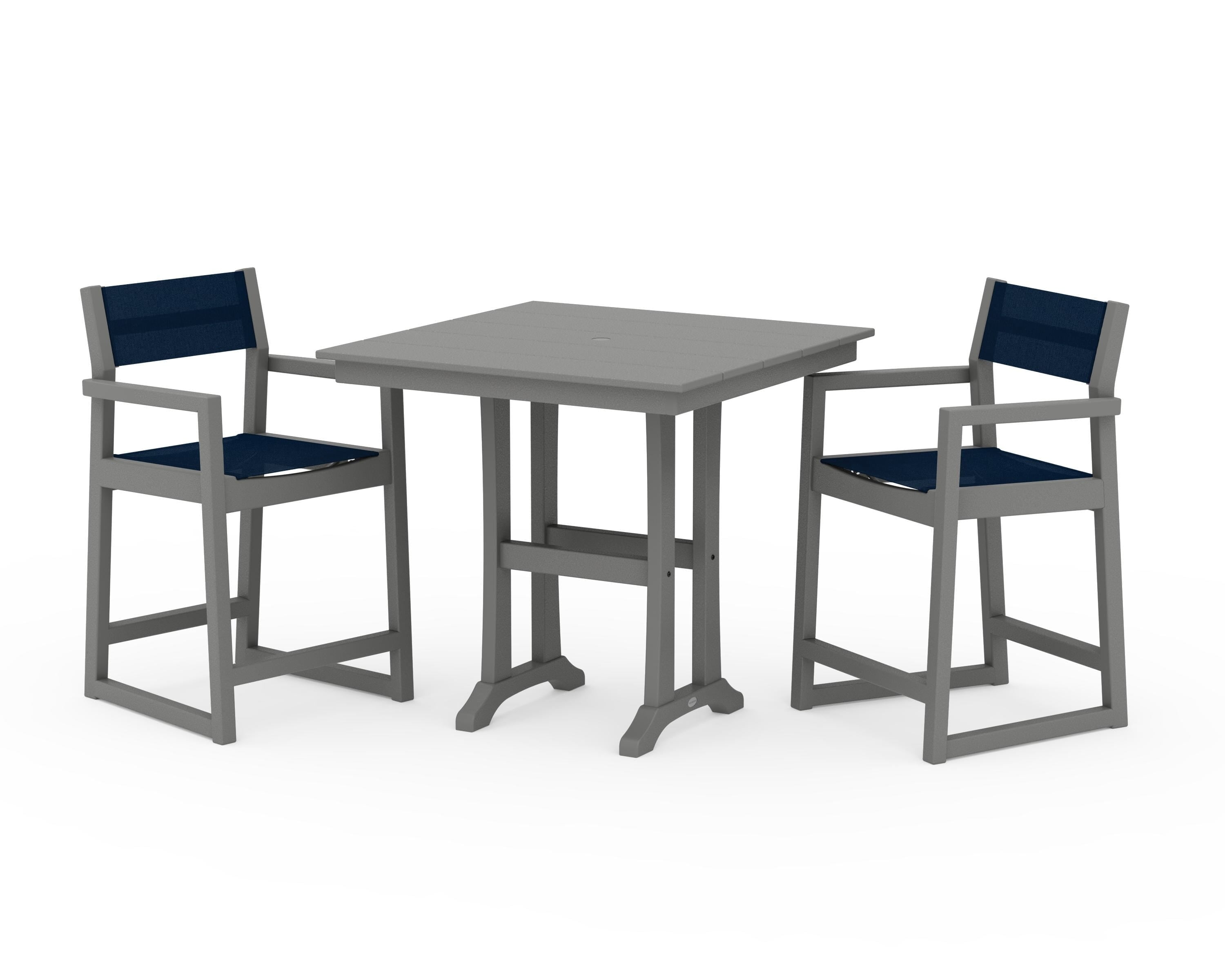 POLYWOOD® EDGE Sling Arm Chair 3-Piece Farmhouse Counter Set with Trestle Legs in Slate Grey / Navy Blue Sling