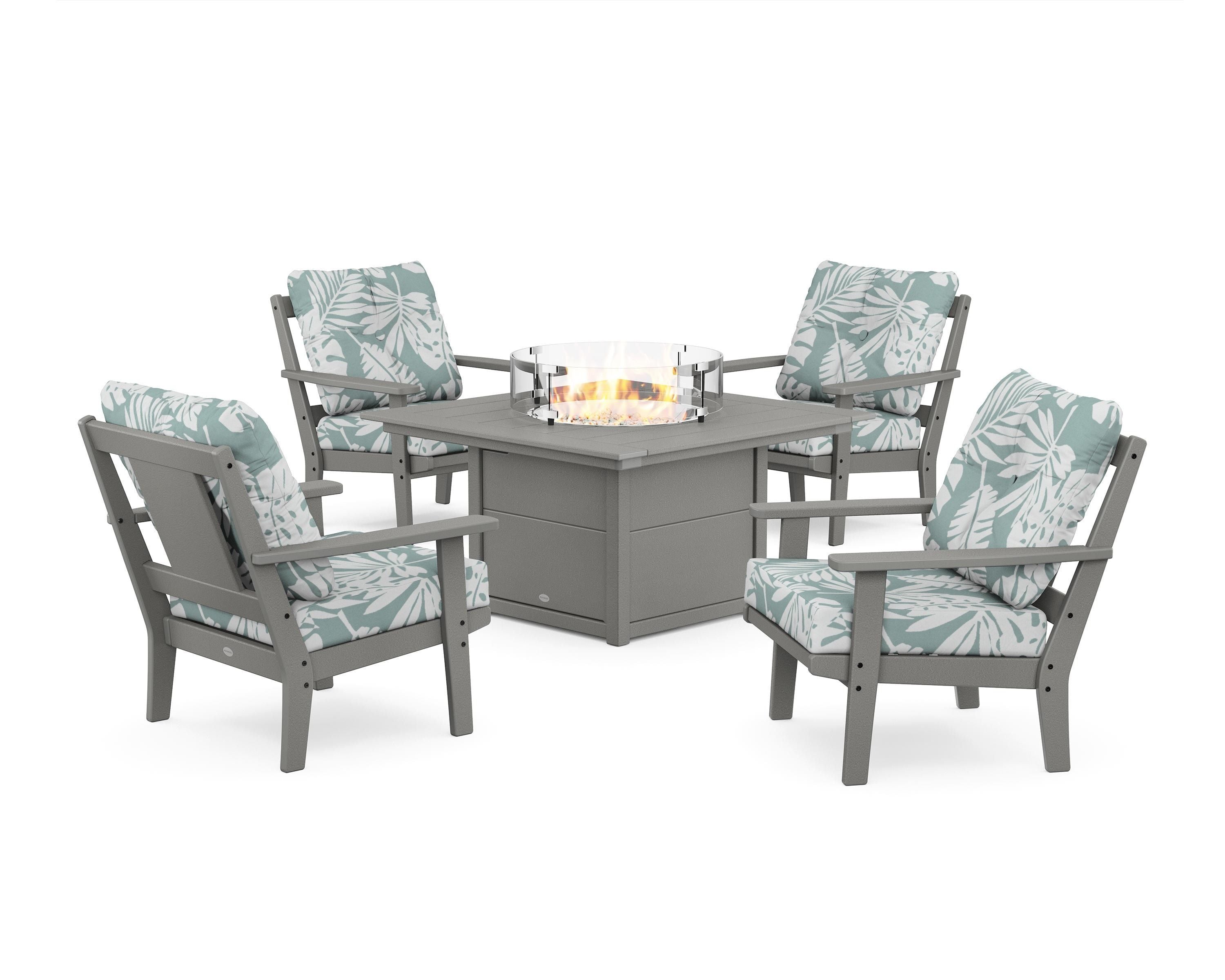 POLYWOOD® Prairie 5-Piece Deep Seating Set with Fire Pit Table in Slate Grey / Leaf Glacier Spa