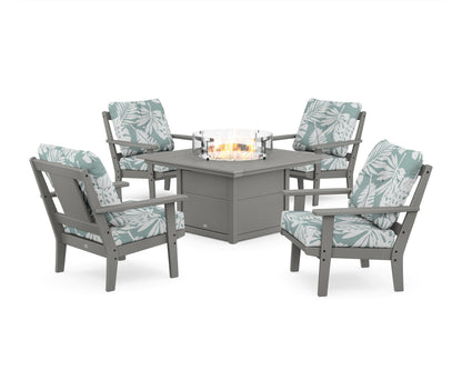 POLYWOOD® Prairie 5-Piece Deep Seating Set with Fire Pit Table in Slate Grey / Leaf Glacier Spa