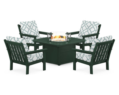 POLYWOOD® Vineyard 5-Piece Conversation Set with Fire Pit Table in Green / Trellis Glacier Spa
