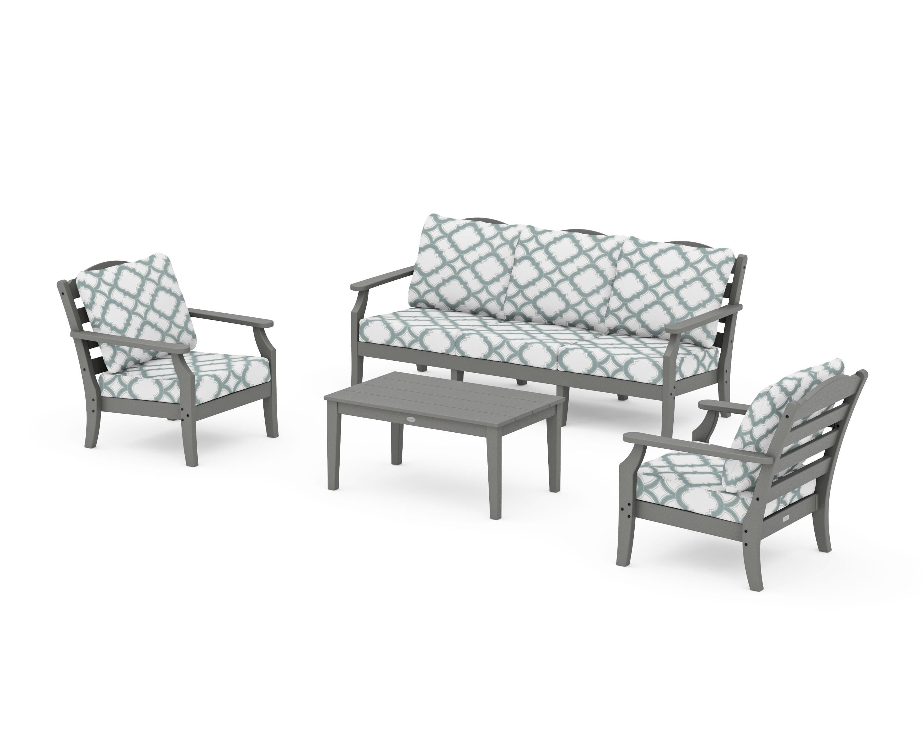 Draper James™ by  POLYWOOD® Savannah 4-Piece Deep Seating Set with Sofa in Slate Grey / Trellis Glacier Spa