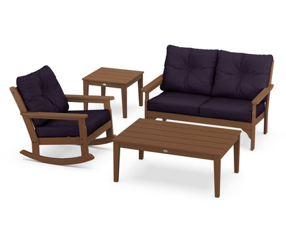 POLYWOOD® Vineyard 4-Piece Deep Seating Rocker Set in Teak / Navy Linen