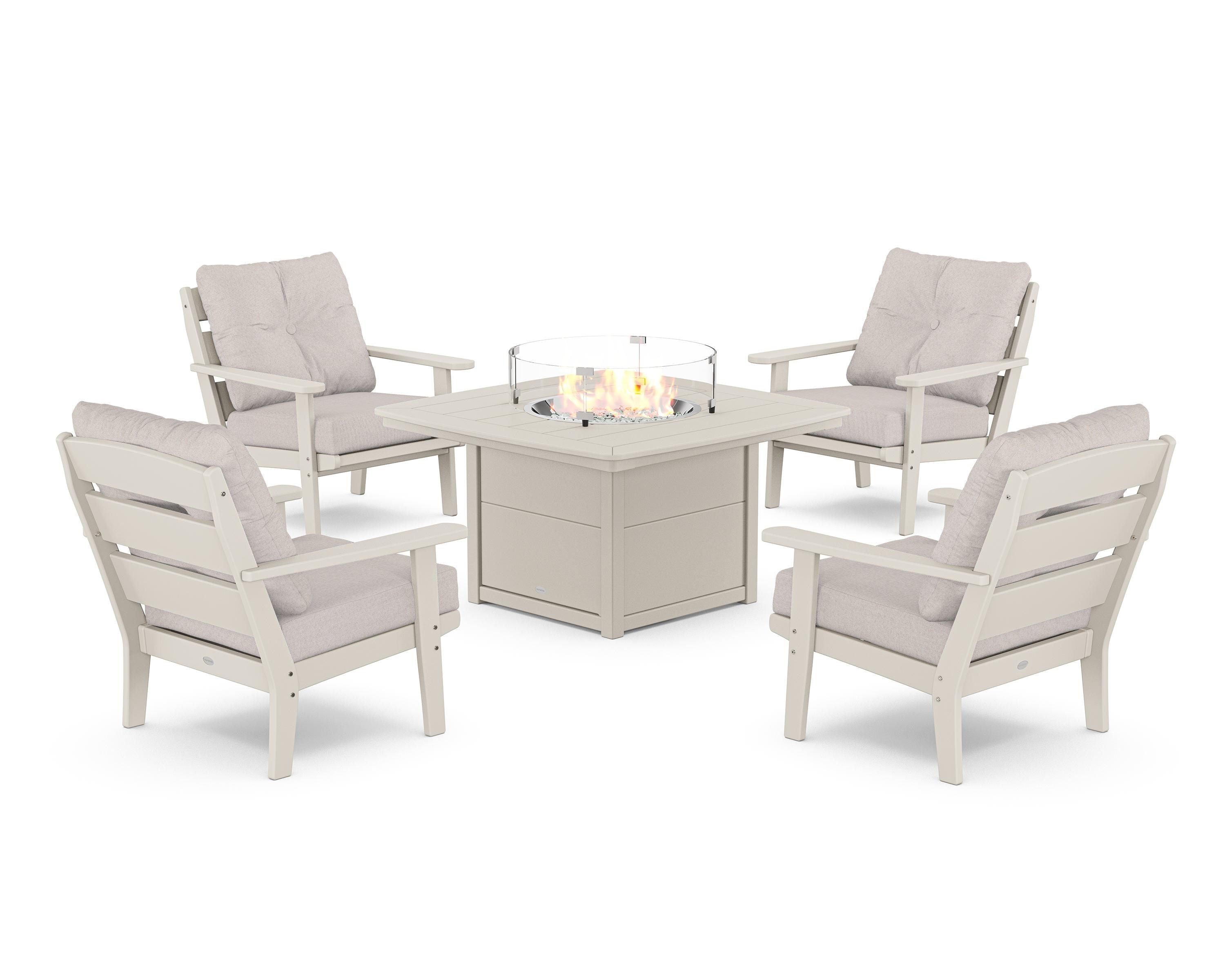 POLYWOOD® Lakeside 5-Piece Deep Seating Set with Nautical Fire Pit Table in Sand / Dune Burlap