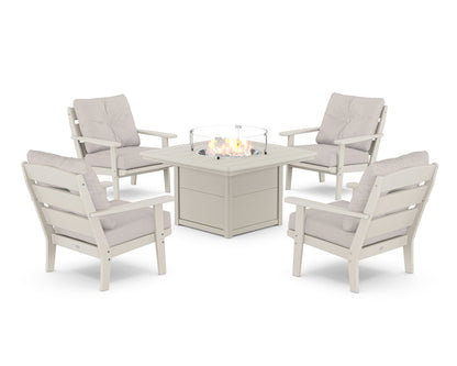 POLYWOOD® Lakeside 5-Piece Deep Seating Set with Nautical Fire Pit Table in Sand / Dune Burlap