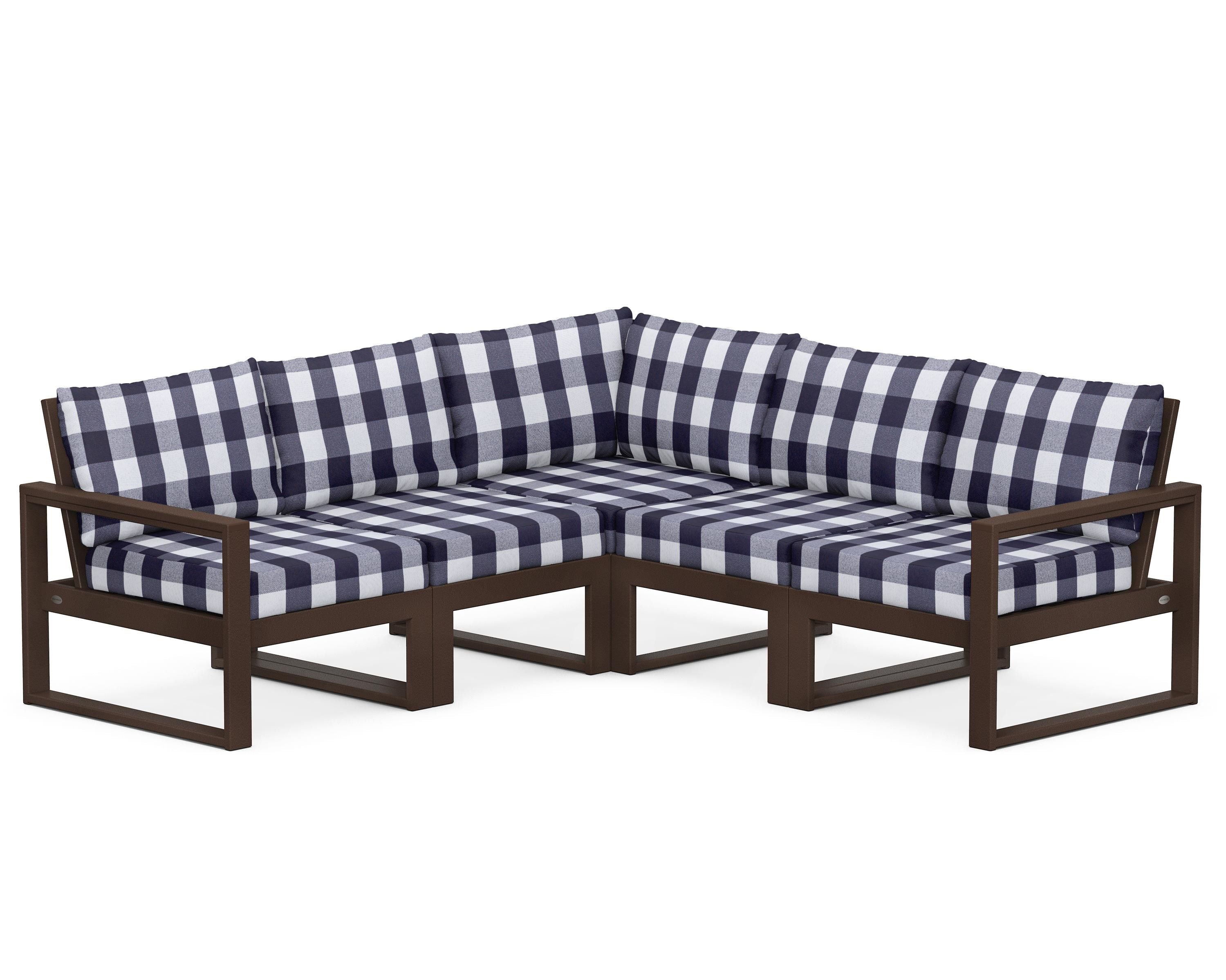 POLYWOOD® EDGE 5-Piece Modular Deep Seating Set in Mahogany / Buffalo Plaid Navy