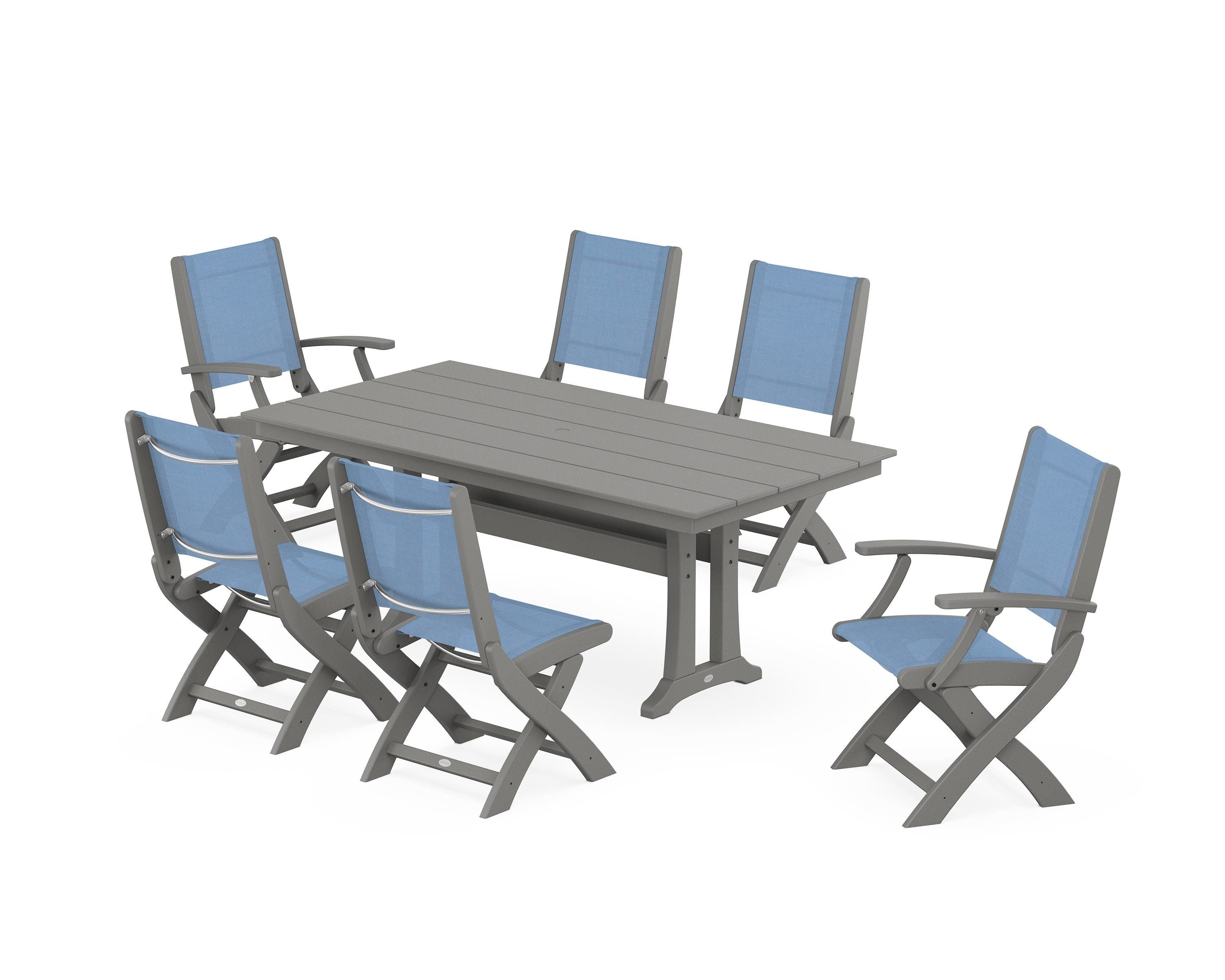 POLYWOOD® Coastal Folding Chair 7-Piece Farmhouse Dining Set with Trestle Legs in Slate Grey / Poolside Sling