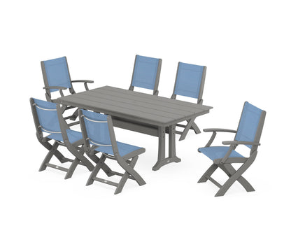 POLYWOOD® Coastal Folding Chair 7-Piece Farmhouse Dining Set with Trestle Legs in Slate Grey / Poolside Sling