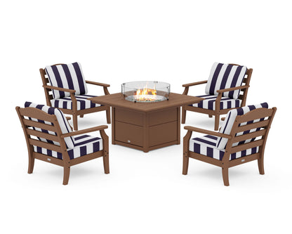 Draper James™ by  POLYWOOD® Savannah 5-Piece Deep Seating Set with Fire Pit Table in Teak / Cabana Stripe Navy