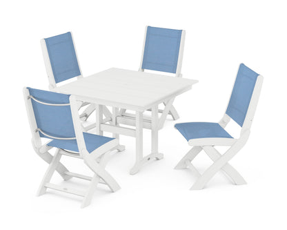 POLYWOOD® Coastal Folding Side Chair 5-Piece Farmhouse Dining Set in White / Poolside Sling
