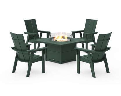 POLYWOOD® Modern 4-Piece Curveback Upright Adirondack Conversation Set with Fire Pit Table in Green