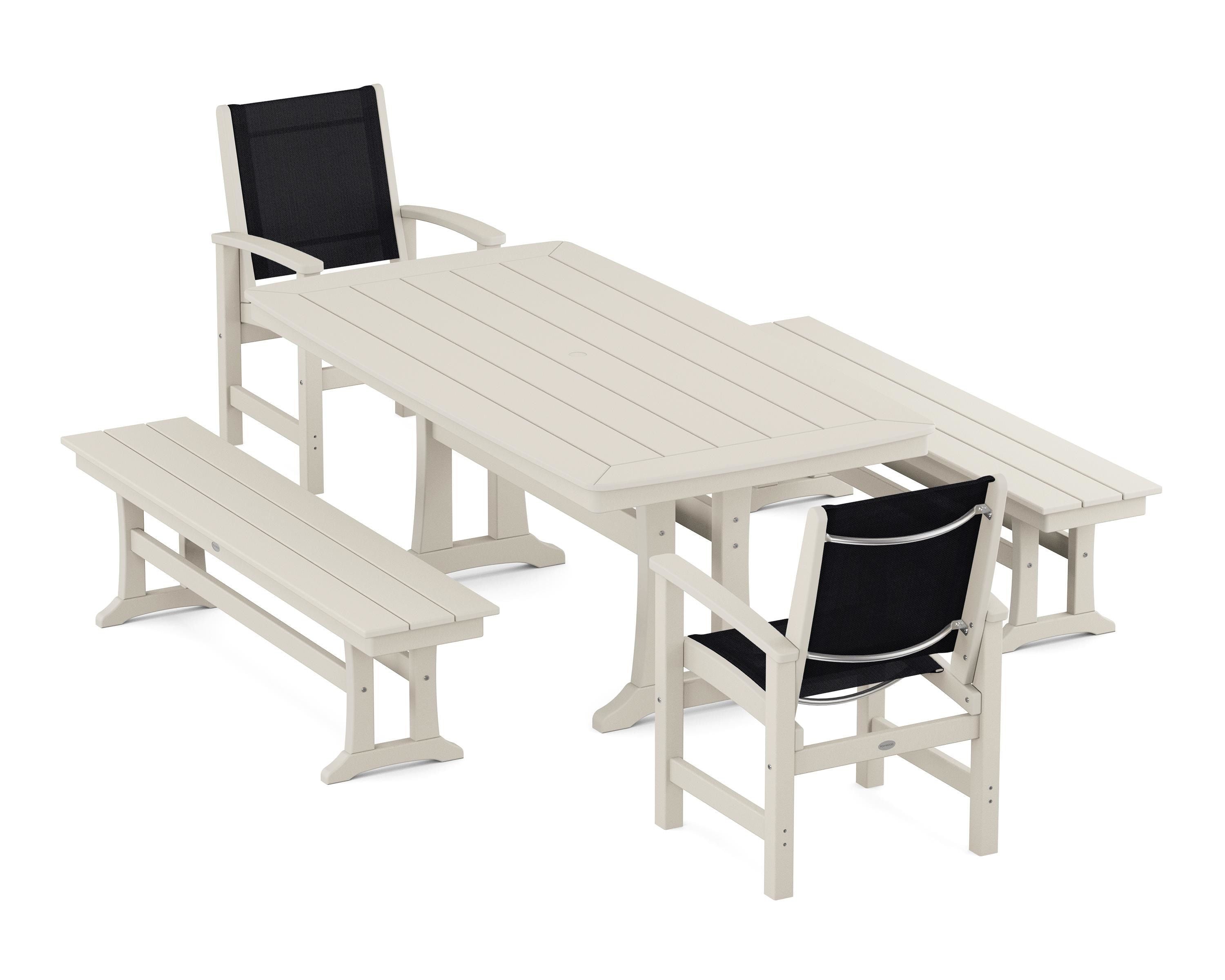 POLYWOOD® Coastal 5-Piece Dining Set with Trestle Legs and Benches in Sand / Black Sling