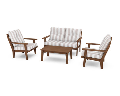 POLYWOOD® Lakeside 4-Piece Deep Seating Set in Teak / Cabana Stripe Dune Burlap