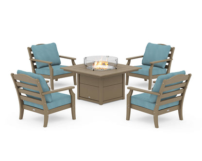 Draper James™ by  POLYWOOD® Savannah 5-Piece Deep Seating Set with Fire Pit Table in Vintage Sahara / Lattice Sky Blue