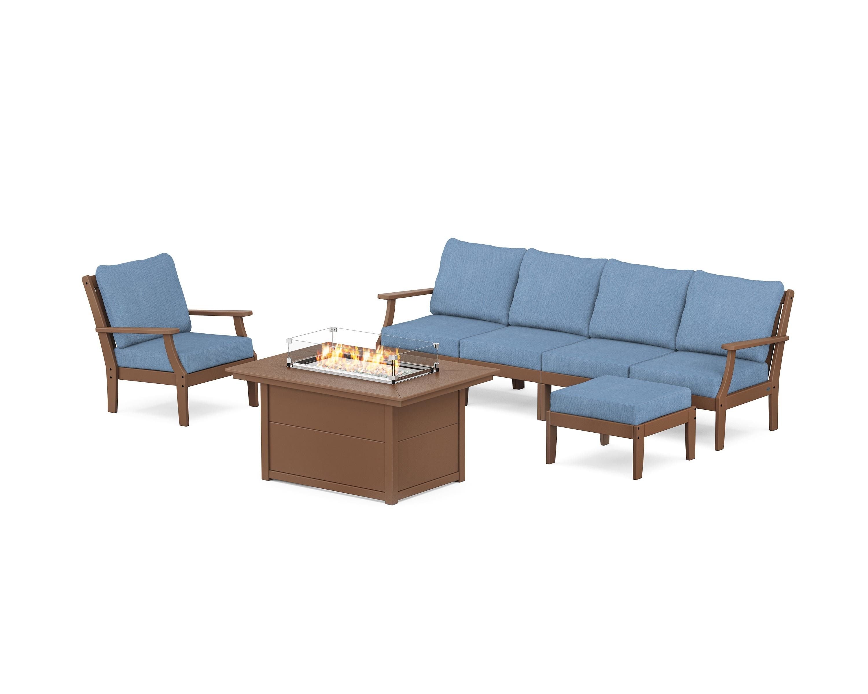 POLYWOOD® Braxton Sectional Lounge and Fire Pit Set in Teak / Sky Blue