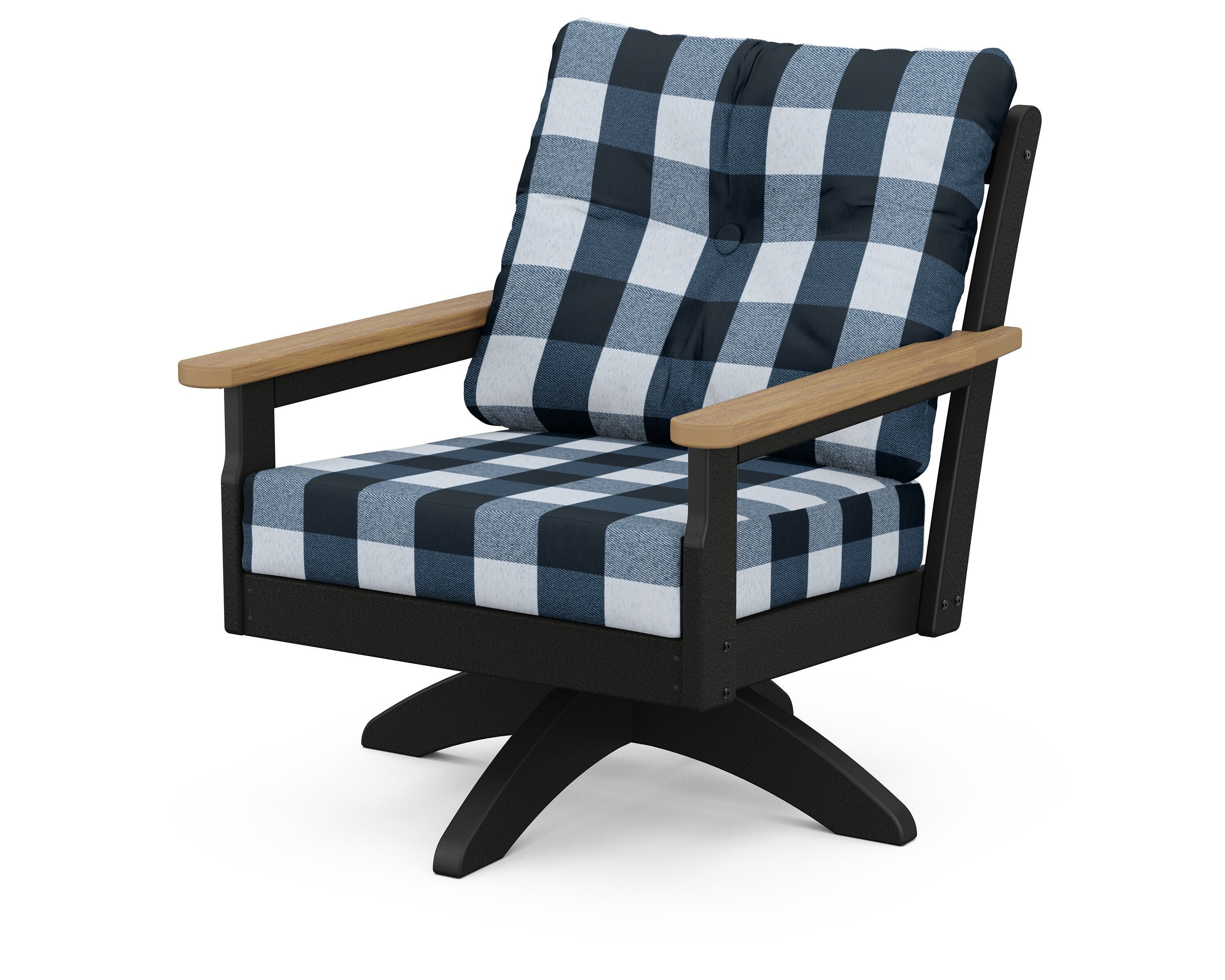 POLYWOOD® Vineyard Deep Seating Swivel Chair in Black / Natural / Buffalo Plaid Marine Indigo