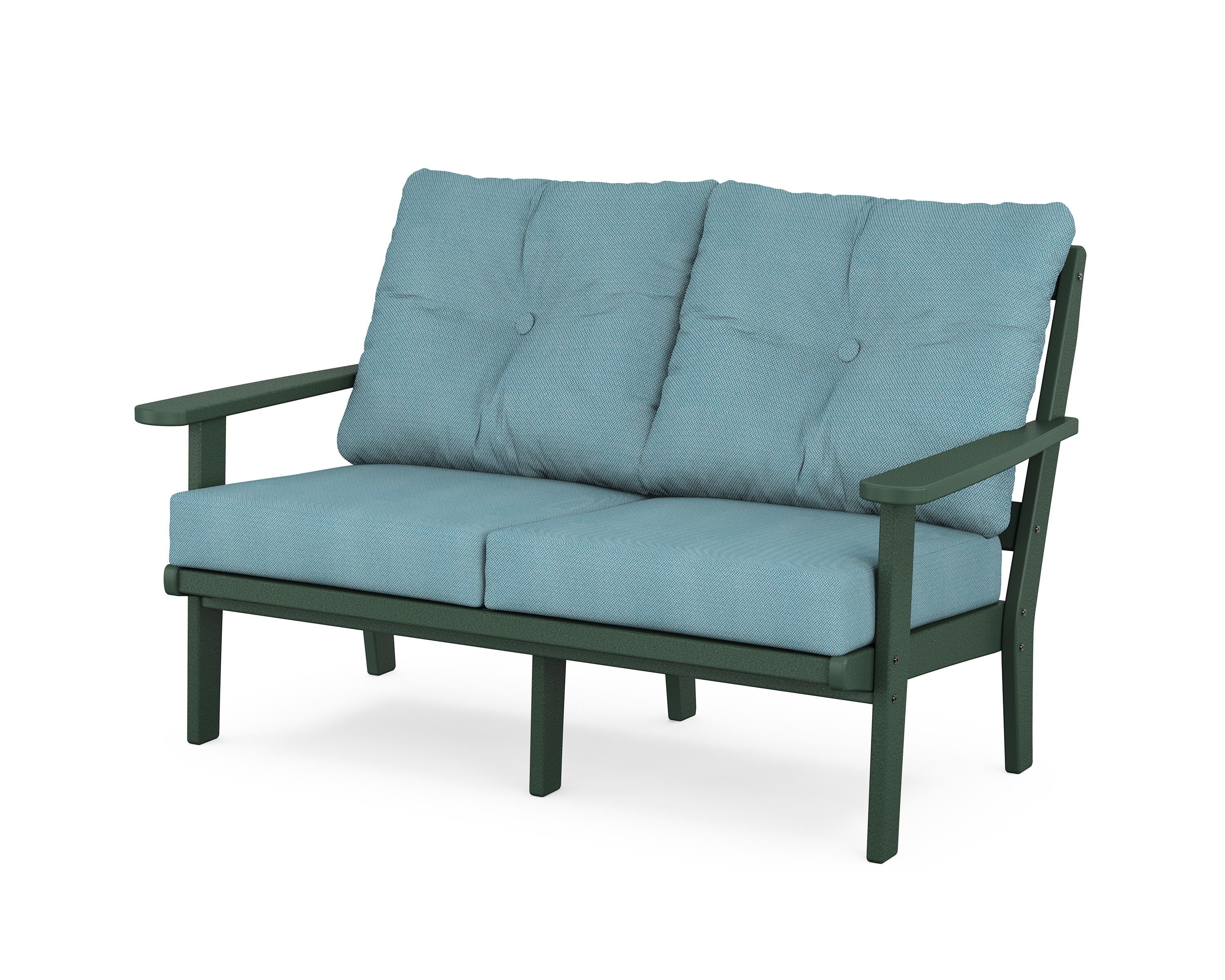 POLYWOOD® Mission Deep Seating Loveseat in Green / Lattice Sky Blue