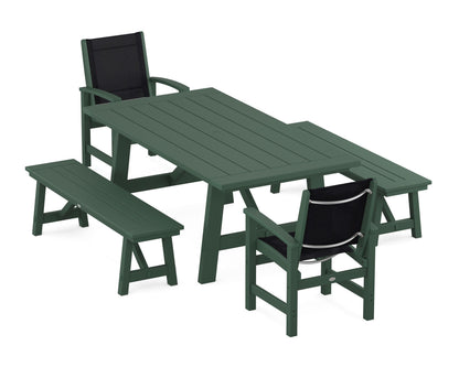 POLYWOOD® Coastal 5-Piece Rustic Farmhouse Dining Set With Benches in Green / Black Sling