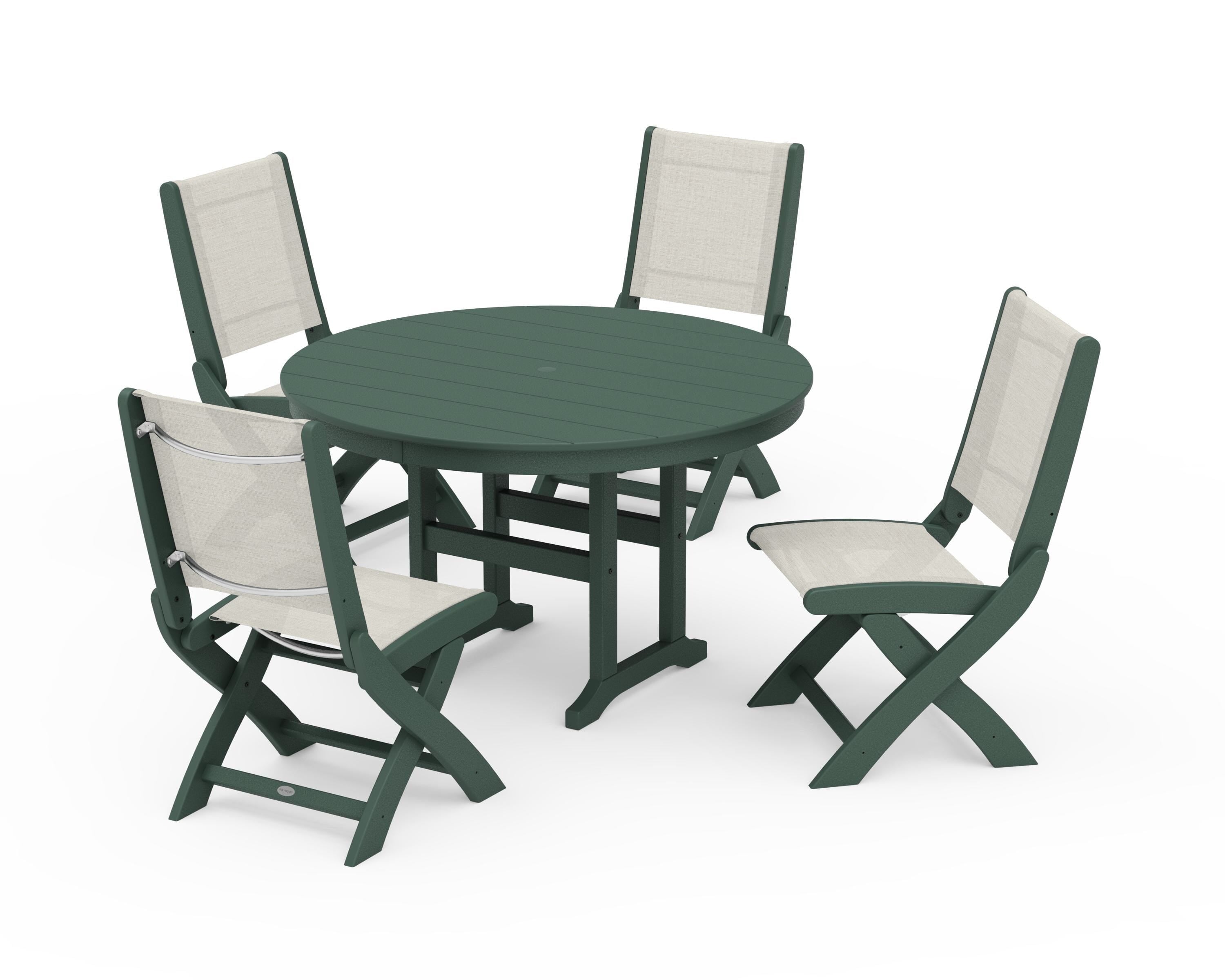 POLYWOOD® Coastal Folding Side Chair 5-Piece Round Dining Set in Green / Parchment Sling