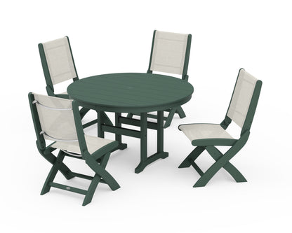 POLYWOOD® Coastal Folding Side Chair 5-Piece Round Dining Set in Green / Parchment Sling
