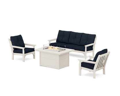 POLYWOOD® Vineyard Deep Seating Fire Pit Table Set in Sand / Marine Indigo