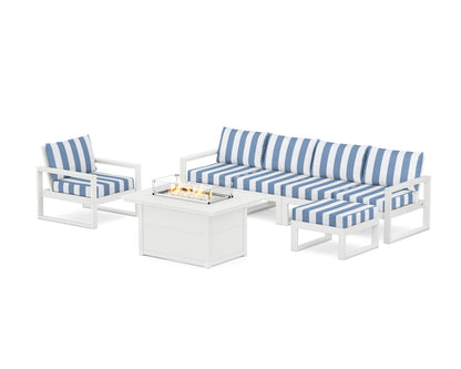 POLYWOOD® EDGE Sectional Lounge and Fire Pit Set in White / Cabana Stripe Sky Blue
