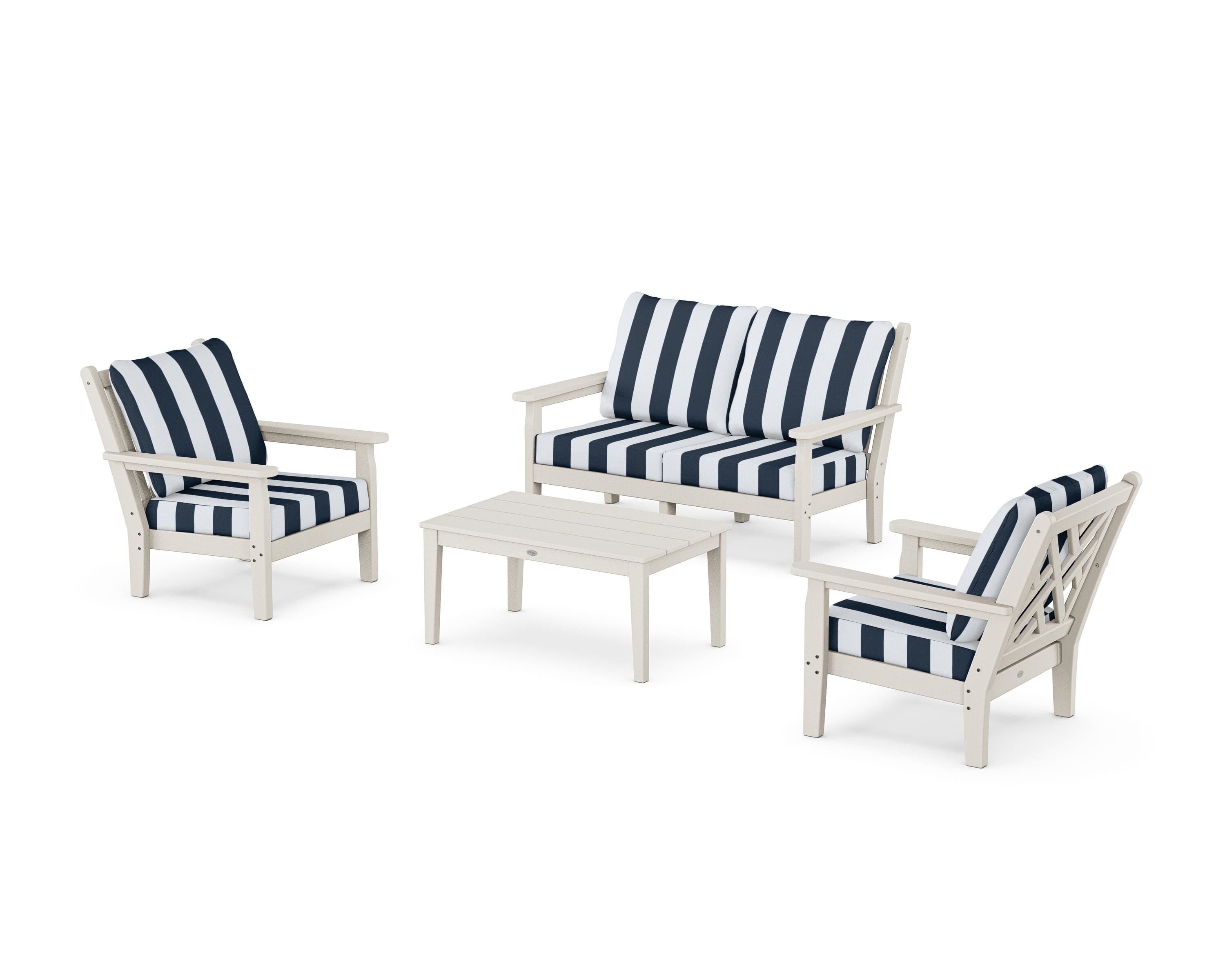POLYWOOD® Chippendale 4-Piece Deep Seating Set with Loveseat in Sand / Cabana Stripe Marine Indigo